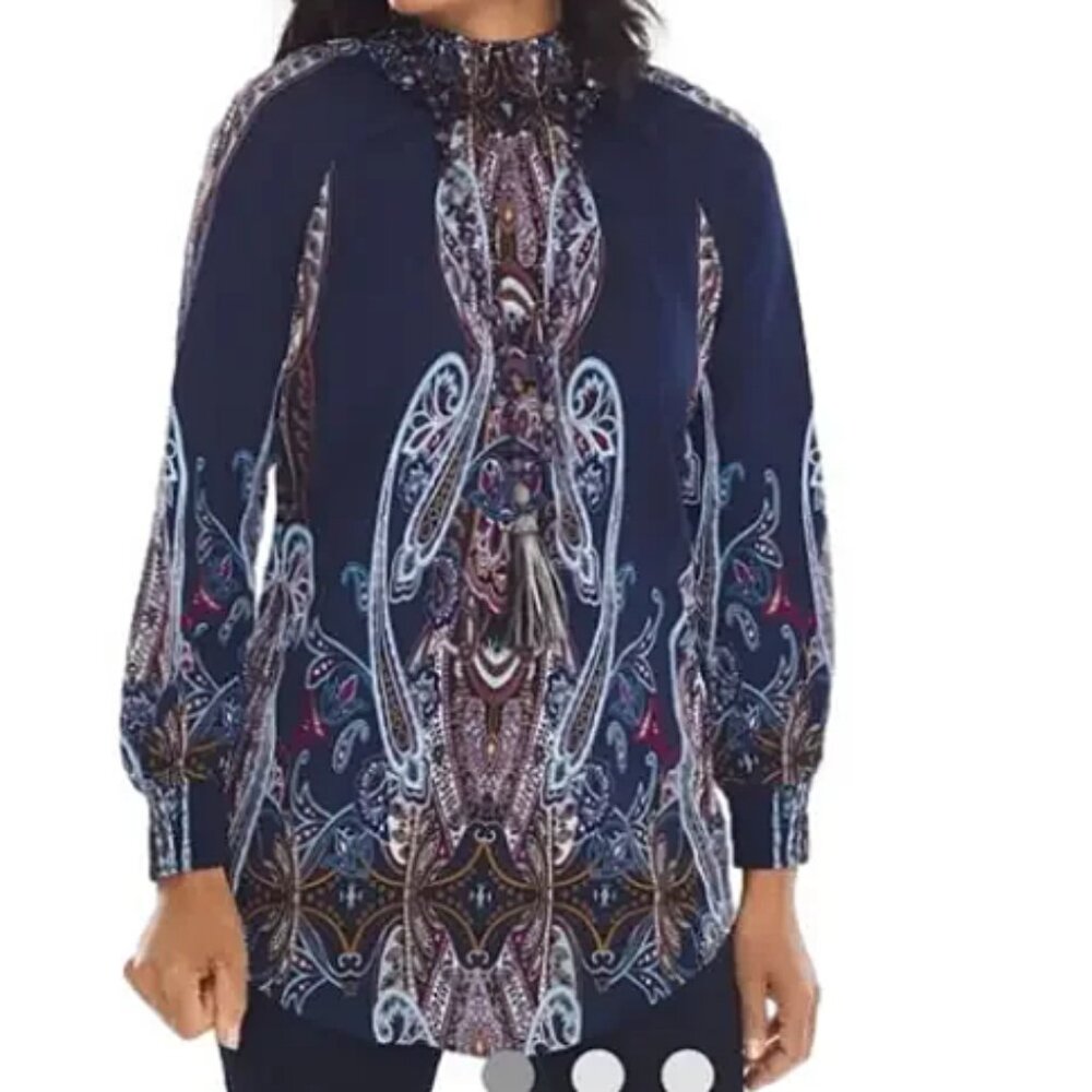 CHICOS  Paisley Nouveau Smocked Mock-Neck top size 1